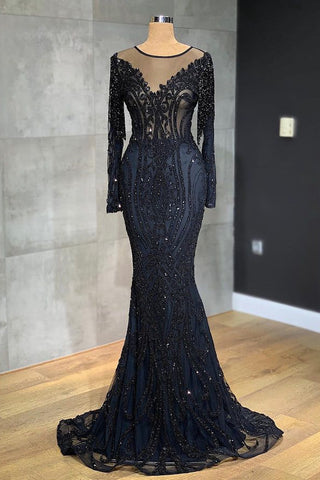 Elegant Long Mermaid Tulle Lace Prom Dress with Sleeves