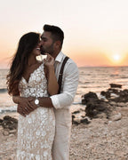 Abito da Sposa Elegante Lungo a Sirena con Scollo a V, Pizzo Floreale e Schiena Nuda