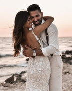 Abito da Sposa Elegante Lungo a Sirena con Scollo a V, Pizzo Floreale e Schiena Nuda