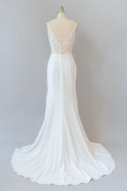 Vestido de novia elegante largo sirena con escote en V y espalda descubierta de encaje