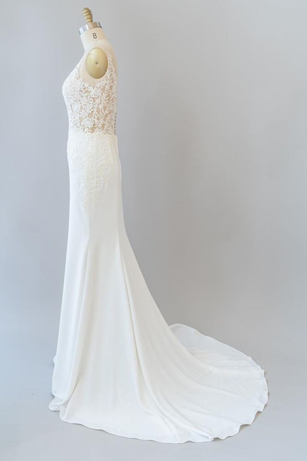 Vestido de novia elegante largo sirena con escote en V y espalda descubierta de encaje