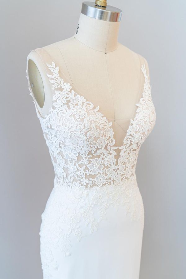 Vestido de novia elegante largo sirena con escote en V y espalda descubierta de encaje
