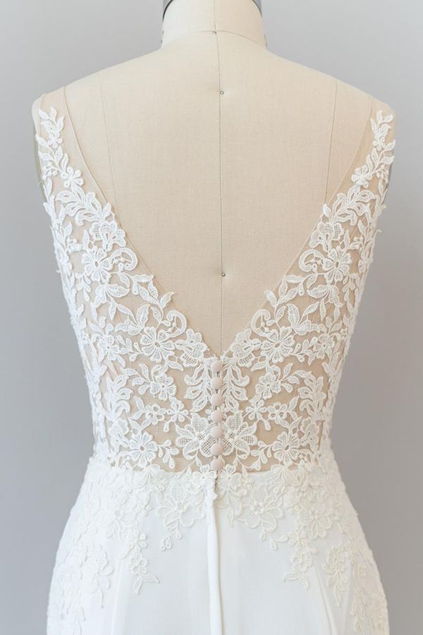 Vestido de novia elegante largo sirena con escote en V y espalda descubierta de encaje