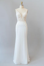Vestido de novia elegante largo sirena con escote en V y espalda descubierta de encaje