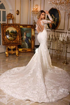Elegantes Vestidos de Novia Largos de Sirena con Cuello en V y Mangas Largas de Encaje