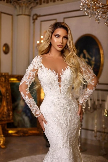 Elegantes langes Meerjungfrau-Brautkleid mit V-Ausschnitt, Spitze und langen Ärmeln