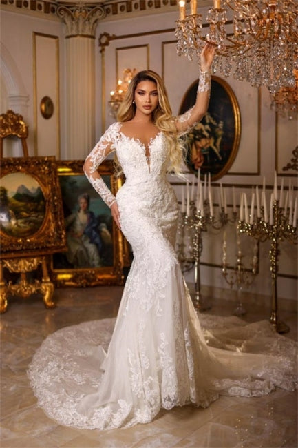 Elegantes Vestidos de Novia Largos de Sirena con Cuello en V y Mangas Largas de Encaje