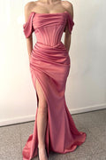 Vestido de Gala Elegante Largo de Sirena en Satén con Hombro Descubierto y Abertura