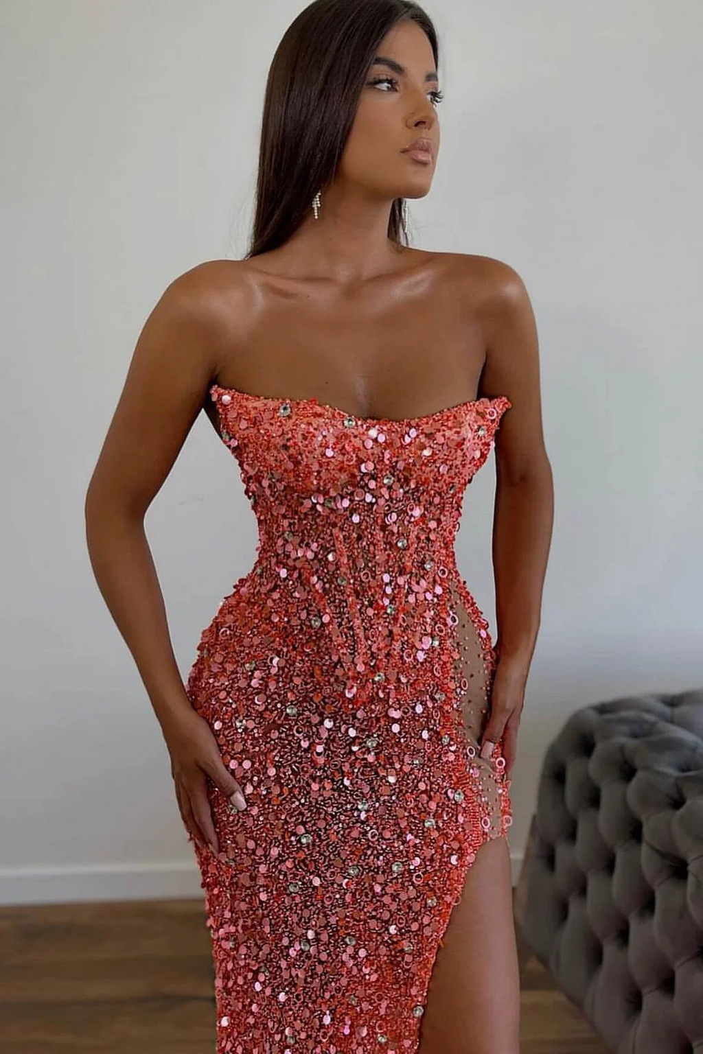 Elegant Long Pink Sexy Strapless Sleeveless Mermaid Prom dresses With Rhinestone