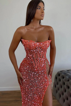 Elegant Long Pink Sexy Strapless Sleeveless Mermaid Prom dresses With Rhinestone