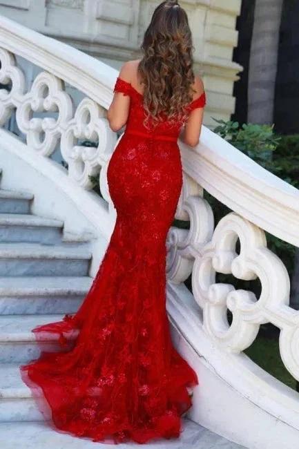 Elegant Long Red Off-the-shoulder Mermaid Prom Dresses with Glitter by misshow.com