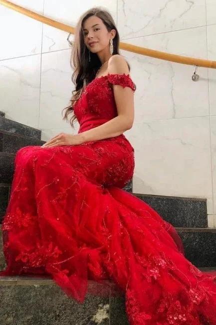Elegant Long Red Off-the-shoulder Mermaid Prom Dresses with Glitter by misshow.com