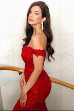 Elegant Long Red Off-the-shoulder Mermaid Prom Dresses with Glitter by misshow.com