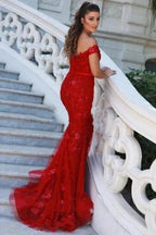 Elegant Long Red Off-the-shoulder Mermaid Prom Dresses with Glitter by misshow.com