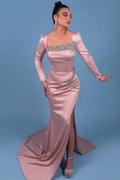 Vestidos de baile elegantes, compridos, em cetim, cor-de-rosa, com strass