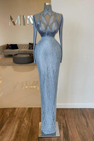Elegant Long Sleeve Halter Sequin Beaded Mermaid Prom Dress