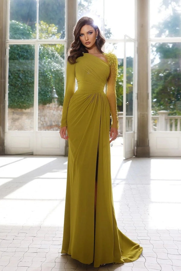 Elegant Long Sleeves Asymmetric A-line Evening Dress with Slit