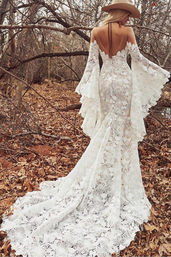 Elegantes langes Meerjungfrau-Brautkleid mit langen Ärmeln und spitzenbesetztem rückenfreiem Ausschnitt