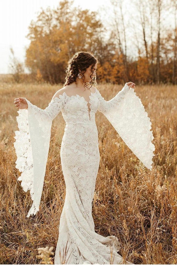 Elegantes langes Meerjungfrau-Brautkleid mit langen Ärmeln und spitzenbesetztem rückenfreiem Ausschnitt