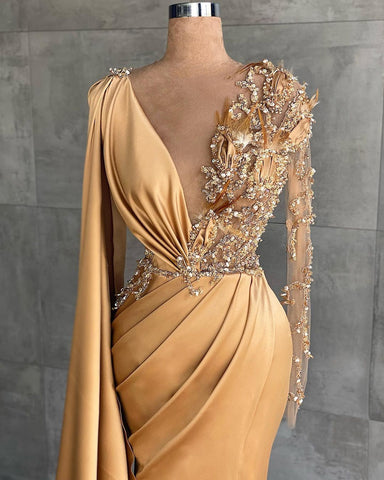 Elegant Long Sleeves Mermaid V-neck Satin Prom Dress with Slit