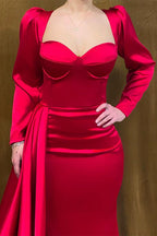 Elegant Long Strapless Red Satin Mermaid Prom Dress With Long Sleeves