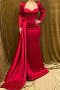 Abito da Sera Elegante Lungo Senza Spalline Rosso Satinato a Sirena con Maniche Lunghe