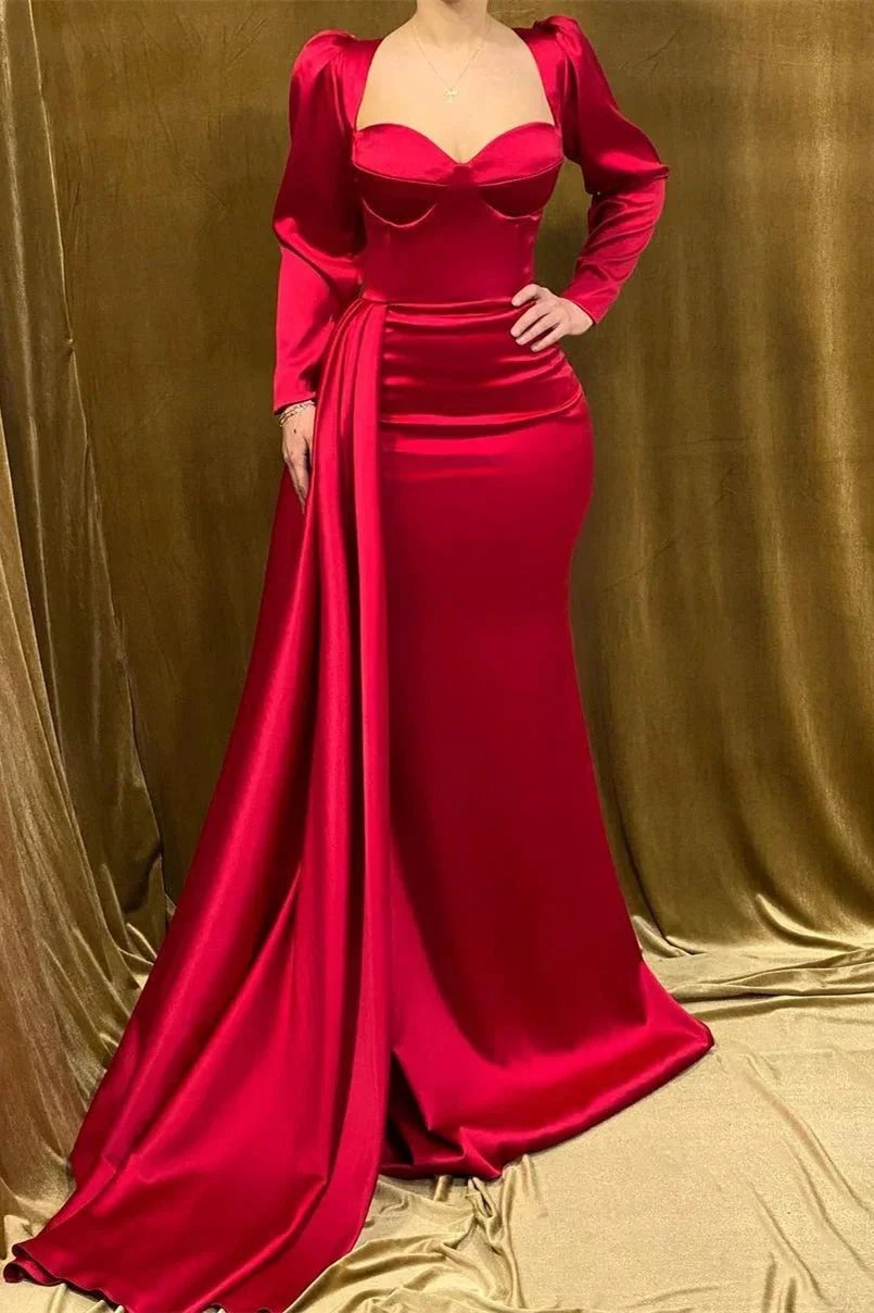 Robe de bal élégante longue sans bretelles en satin rouge, style sirène à manches longues