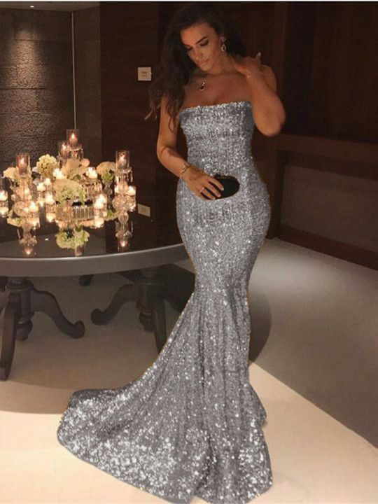 Elegant Long Strapless Sequins Mermaid Evening Prom Dress