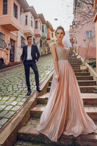 Elegant Long V-neck Bright Silk A-line Prom Dress
