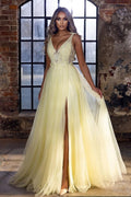 Robe de bal élégante longue à encolure en V jaune sans manches en ligne A