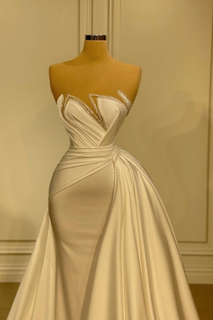 Elegantes langes weißes Meerjungfrau-Brautkleid ohne Ärmel mit Glitzer und Spitze