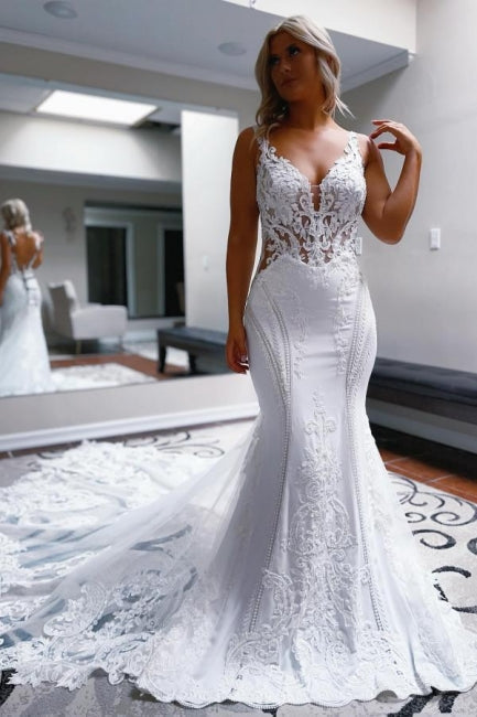 Elegantes langes weißes Meerjungfrau-Trägerkleid mit V-Ausschnitt und rückenfreier Spitze für die Hochzeit