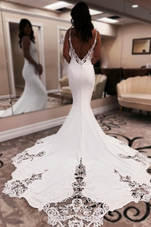 Elegantes langes weißes rückenfreies Meerjungfrau-Hochzeitskleid mit V-Ausschnitt, Spaghettiträgern und Spitze