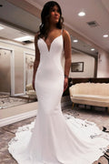 Abito da sposa elegante lungo bianco sirena scollatura a V spalline sottili senza schienale con pizzo