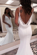 Abito da sposa elegante lungo bianco sirena scollatura a V spalline sottili senza schienale con pizzo