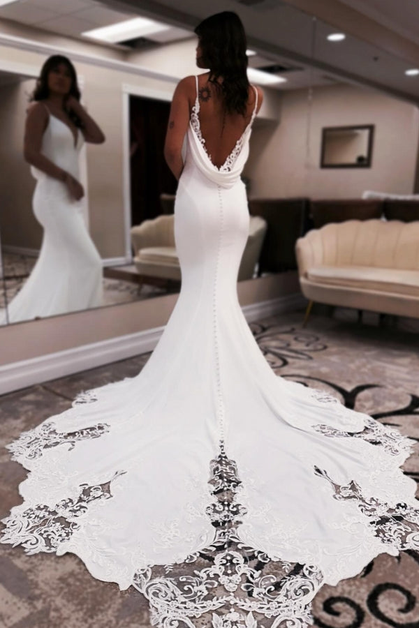 Abito da sposa elegante lungo bianco sirena scollatura a V spalline sottili senza schienale con pizzo