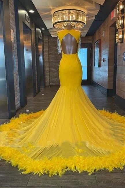 Robe de bal sirène sans manches avec perles, franges longues jaunes et appliqués élégants