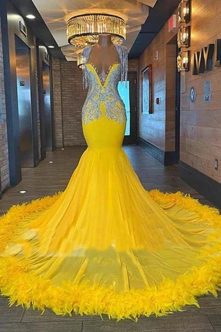 Robe de bal sirène sans manches avec perles, franges longues jaunes et appliqués élégants