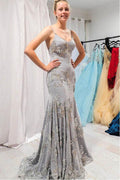 Elegante Abito da Sera/da Ballo Lungo Color Grigio Sirena con Schiena Scoperta PSK161