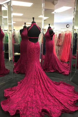 Elegant Mermaid Halter Neck Burgundy Prom Dress Evening Dress  PSK218
