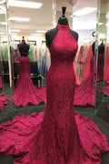Elegantes Meerjungfrau Neckholder Burgunderrotes Ballkleid Abendkleid PSK218
