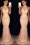 Elegantes Meerjungfrau-Neckholder-Ballkleid mit offenem Rücken und pfirsichfarbener Spitze, langes Ballkleid PG766