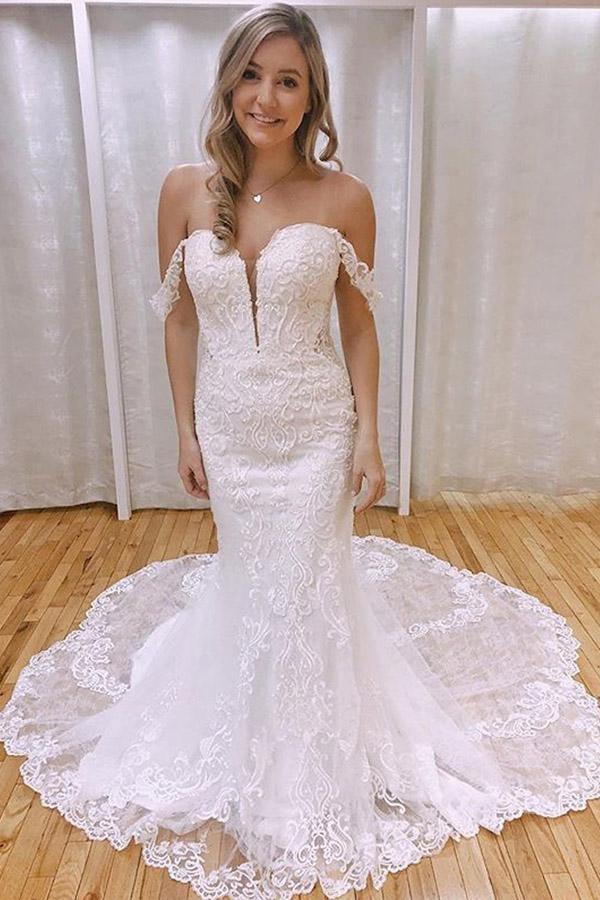 Elegante Meerjungfrau-Hochzeitskleider mit offenen Schultern, Spitze und Applikationen