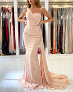Elegant Mermaid One Shoulder Satin Long Formal Prom Dress