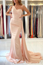 Elegant Mermaid One Shoulder Satin Long Formal Prom Dress