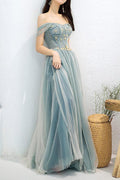Elegantes, schulterfreies, langes A-Linien-Ballkleid mit Perlen und Applikationen PSK183