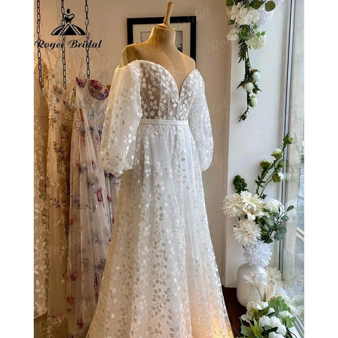 Elegante Off Schulter Puff Langarm Volle Spitze V-ausschnitt Hochzeit Kleid für Frauen 2024 Brautkleid Nach Maß vestido de novia 