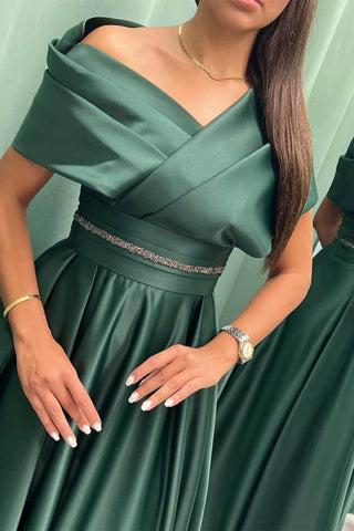 Elegant Off-the-Shoulder Long Burgundy Satin Evening Dresses