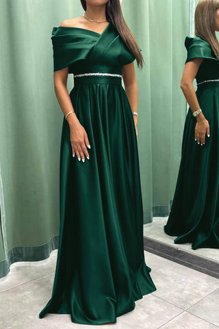 Elegant Off-the-Shoulder Long Burgundy Satin Evening Dresses