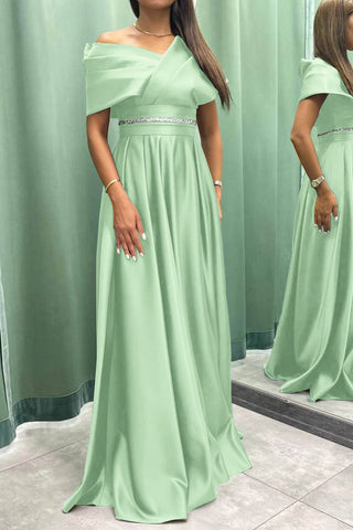 Elegant Off-the-Shoulder Long Burgundy Satin Evening Dresses